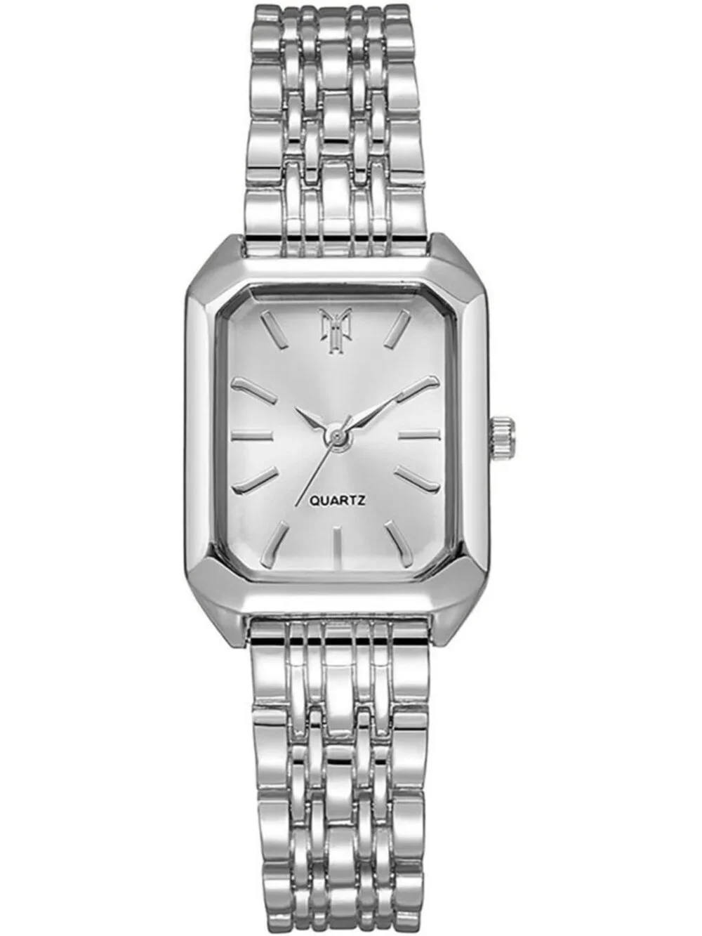 Women's Silver-White Steel Strap Casual Fashion Simple Square Quartz Wrist Watch